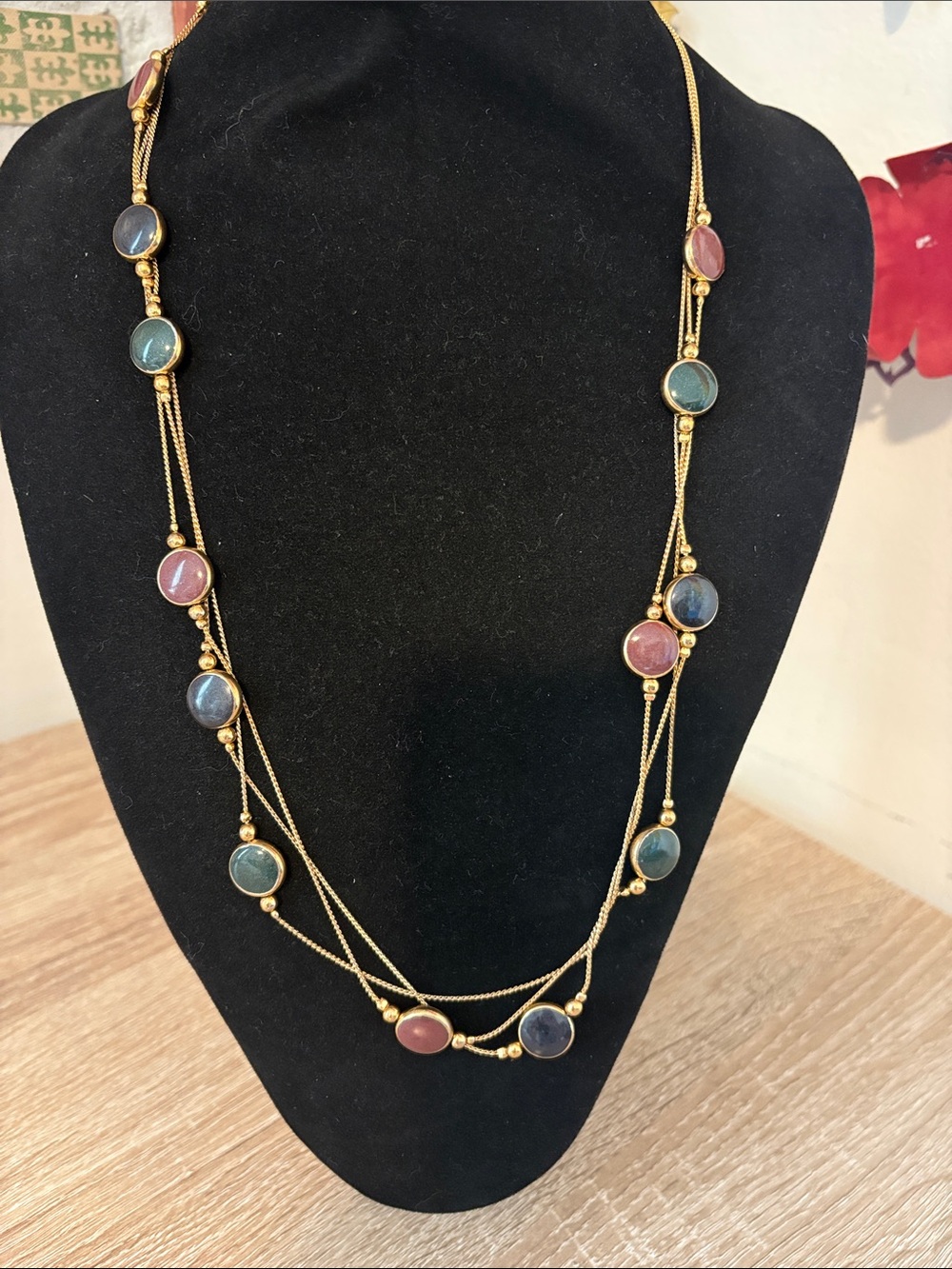 Vintage Multi Chain Strand gold-tone Multi Color Cabachon 28” Necklace